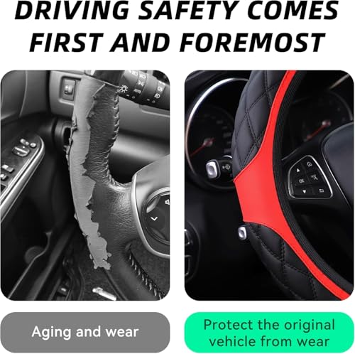 15 Inch Car Leather Steering Wheel Cover, Automotive Accessories Elastic Breathable Anti-Slip Soft Wheel Protector Fits Men and Women, Suitable for SUVs, Trucks, Vehicles and RVs (Red-1) - color: Red-1