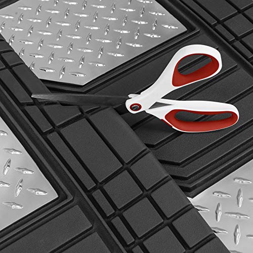 BDK Cat® Heavy Duty Rubber Floor Mats for Car SUV Truck & Van-All Weather Protection, Front & Rear with Heelpad & Anti-Slip Nibs Backing, Universal Trim-to-Fit - color: Black/Chrome, style: DiamondShield Metallic