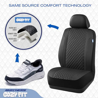 Skechers Seat Covers Contour Foam Cozy Fit,Leather Car Seat Covers, Car Seat Covers Front Seats Airbag Compatible, Universal Automotive Comfort for Most Cars, Vans, Trucks, SUV,Black - color: Black and Black