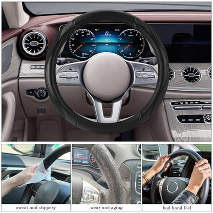 Black Film Splicing Leather Steering Wheel Cover, Microfiber Leather, Anti-Slip, Breathable, Universal Fit for 14.5–15 in Steering Wheel Cover for Men Women - color: Film-Grained - Black