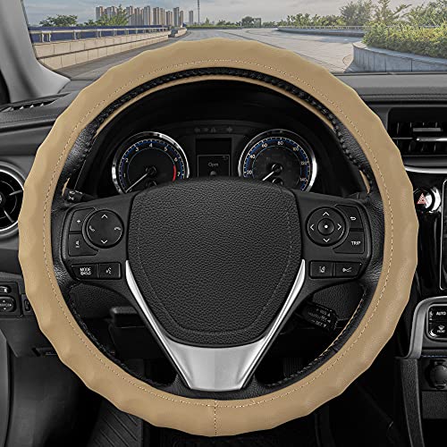 BDK Genuine Beige Leather Steering Wheel Cover for Car, Medium (14.5" - 15.5") – Ergonomic Comfort Grip for Men & Women, Universal Fit Car Steering Wheel Cover for Most Vehicles - color: #15 Beige, size: Fits 14.5 - 15" SW