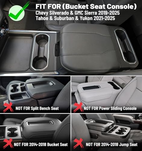 Center Console Armrest Cover for Chevy Chevrolet Silverado/GMC Sierra 2019-2024 2025, Tahoe & Suburban & Yukon 2021-2025, PU Leather Middle Console Cover Protector Pad, Truck Interior Accessories - style: Bucket Seat 2019+