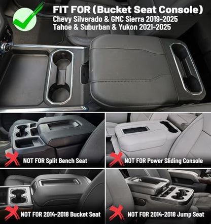 Center Console Armrest Cover for Chevy Chevrolet Silverado/GMC Sierra 2019-2024 2025, Tahoe & Suburban & Yukon 2021-2025, PU Leather Middle Console Cover Protector Pad, Truck Interior Accessories - style: Bucket Seat 2019+