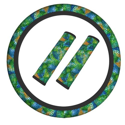 Colorful Snake Skin Steering Wheel Cover Elastic Non-Slip Car Steering Wheel Covers with Seat Belt Shoulder Pad for Women Men - color: Colorful Snake Skin