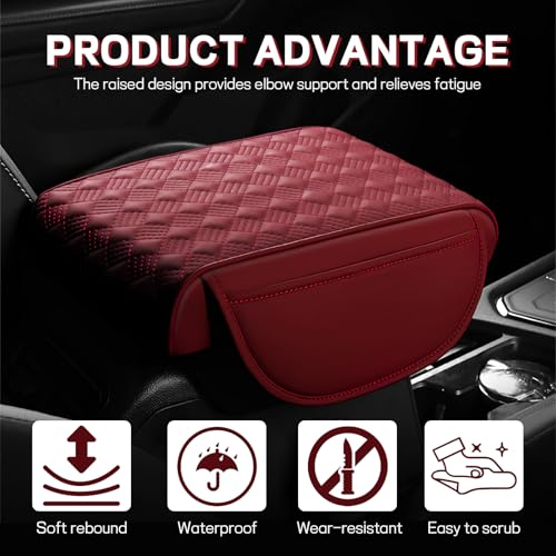 Car Armrest Cushion, 12.2"×8.3" Leather Auto Memory Foam Center Console Pad with Storage Pocket, Waterproof & Anti-Scratch Elbow Pillow Armrest Seat Box Protector, Universal Fit (Red) - color: Red
