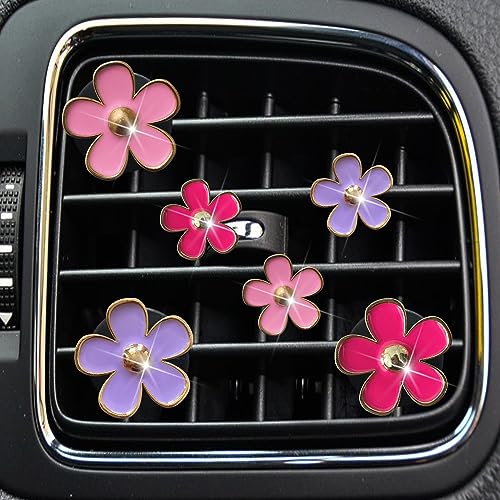 Daisy Air Vent Clips, 6 Pcs Cute Flower Car Air Conditioning Outlet Clip Car Air Freshener Clip Charm Car Interior Decor Charm Colorful Car Interior Accessories for Girls Women (Pink purple rose) - color: Pink purple rose