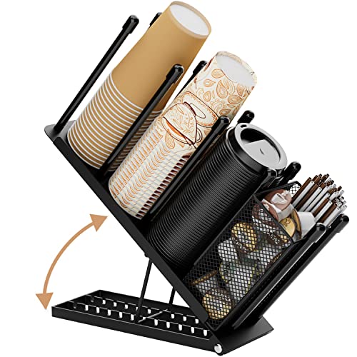 OVICAR Cup and Lid Holder - Adjustable Coffee Cup Holder Organizer 4 Compartment Disposable Cup Dispenser with Coffee Pod Straw Storage Basket for Coffee Station Bar Countertop Breakroom Metal Black - color: Black