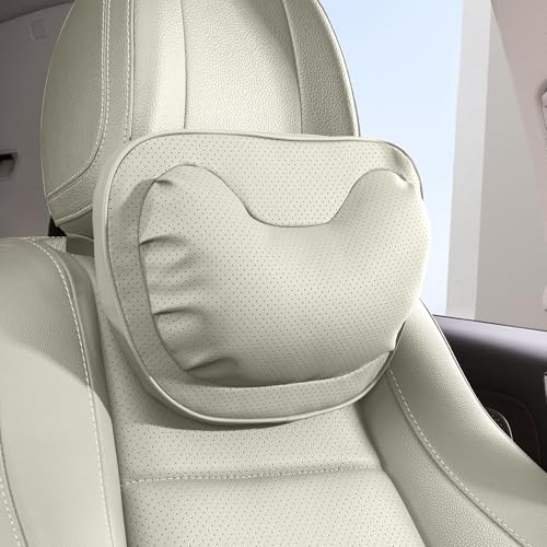 Car Neck Pillow [No More Pressure] Soft Comfortable Premium Leather Headrest with Adjustable Strap – Ergonomic Support for Driving, Office & Gaming, Off White (Beige), 1 Pack - color: Off White (Light Gray), size: Headrest-1P