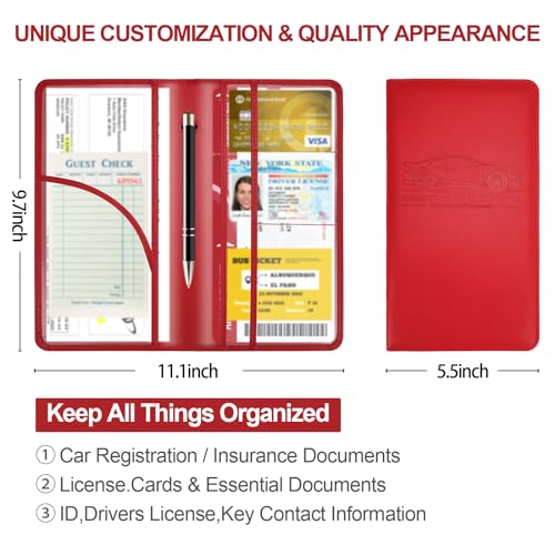 Car Registration and Insurance Card Holder, Leather License Document Red Glove Box Compartment Organizer, Car Wallet Case for Essential Info, License Cards, ID Card - color: Red