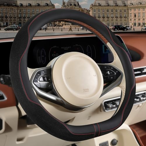 Nappa Leather Steering Wheel Cover, Advanced Microfiber Leather Non-Slip Breathable Fabric, Warm in Winter and Cool in Summer, Black, D Shape, 15 inch - color: Black, size: D Shape-M[14.5''-15'']