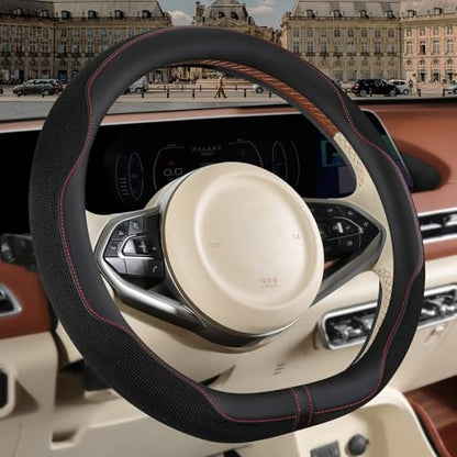 Nappa Leather Steering Wheel Cover, Advanced Microfiber Leather Non-Slip Breathable Fabric, Warm in Winter and Cool in Summer, Black, D Shape, 15 inch - color: Black, size: D Shape-M[14.5''-15'']