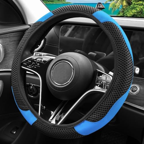 Elastic Stretch Steering Wheel Cover, Warm in Winter and Cool in Summer, Universal 15 inch Microfiber Breathable Ice Silk Anti Slip Car Interior Accessories, Odorless, (Black Blue) - color: Blue