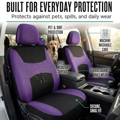 FH Group Full Set Car Seat Covers Cloth, Universal Fit combo, Set with Steering Wheel Cover and Seat Belt Pad fits Most Cars, SUVs, Trucks Purple - color: Purple