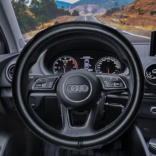 Haokay Heavy Duty Pure Cowhide Steering Wheel Cover, Genuine Leather Steering Cover with 15 Inches Universal Fit - color: BLACK-5