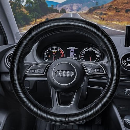 Haokay Heavy Duty Pure Cowhide Steering Wheel Cover, Genuine Leather Steering Cover with 15 Inches Universal Fit - color: BLACK-5