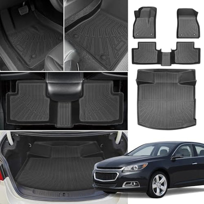 Floor Mats for Chevy Malibu 2013 2014 2015, Also for 2016 Chevrolet Malibu Limited, 8th gen Malibu Floor Mats for Malibu LS LT LTZ Eco, 1st & 2nd Row & Cargo Liner, TPE Anti-Slip Waterproof Duty - style: 5)2013-2015|Malibu|Floor&Cargo Mats