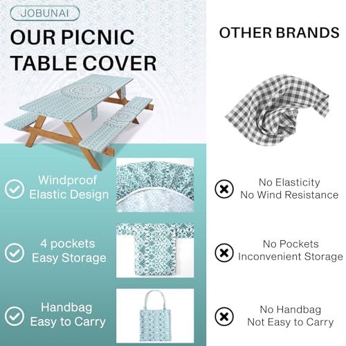 Fitted 8Ft Picnic Table Cover with Chair Covers Elastic Polyester Stain Resistant Reusable Camping Table Cloth Patio Family Glamping Things Hiking Rv Traveling Needs Gifts for Grandparents - color: Green Bohemia, size: 96*30Inch