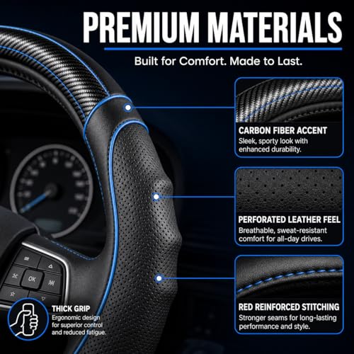 18 Inch Semi Truck Steering Wheel Cover for Freightliner Cascadia, Kenworth T680 T880, Peterbilt 579, Volvo VNL - Anti-Slip Carbon Fiber Grip - Carbon Blue - color: Black Blue