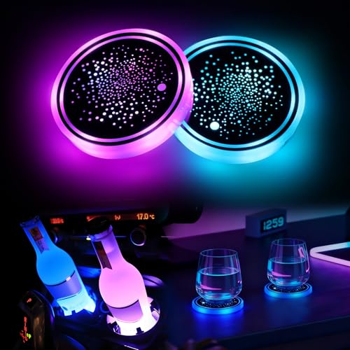 Rotating LED Cup Holder Lights for Car, [7-Color & 21 Modes] Dual Switchable Modes (Vibration/Constant-On) Interior Decor for Car/Home/Party, Rotating Luminous Starry Sky, 2PCS - color: Rotating Starry sky