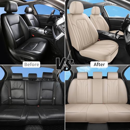 Car Seat Covers Full Set,5 Seat Leather Seat Covers for Cars,Beige Front Seats and Back Seat Cover,Waterproof Car Seat Cushion Protectors,Universal Fit for Most Cars SUV Trucks - color: Beige