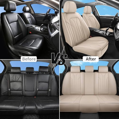 Car Seat Covers Full Set,5 Seat Leather Seat Covers for Cars,Beige Front Seats and Back Seat Cover,Waterproof Car Seat Cushion Protectors,Universal Fit for Most Cars SUV Trucks - color: Beige