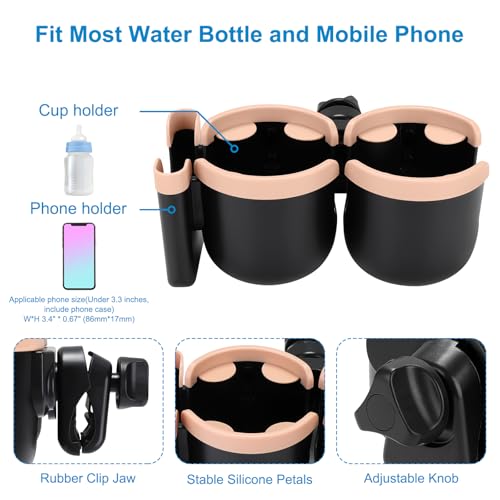 Accmor Stroller Cup Holder with Phone Holder, Bike Cup Holder, Universal Cup Holder for Uppababy Nuna Doona Strollers, 2-in-1 Cup Holder for Walker, Wheelchair, Scooter - color: Double Holder-Pink