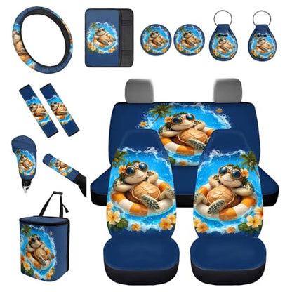 Forchrinse Hawaiian Sea Turtle Car Seat Covers 15 Pcs Auto Interior Cover Set with Steering Wheel Cover,Armrest Seatbelt Pads,Car Garbage Can,Coaster,Handbrake Gearshift Cover for SUVs Trucks - color: Hawaiian Sea Turtle Pattern