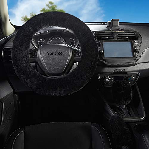 Yontree Fashion Fluffy Steering Wheel Covers for Women/Girls/Ladies Australia Pure Wool 15 Inch 1 Set 3 Pcs (Black) - color: Black, size: Shearing Wool