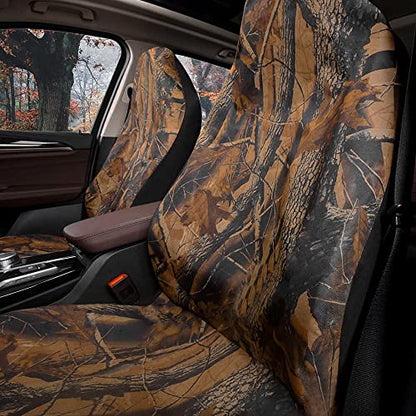 TOYOUN Camo Universal Front Car Seat Covers Waterproof Highback Bucket Seat Covers-Fit Most Cars, Trucks, SUVS, Vans 2 PCS Auto Fabric Seat Covers Camouflage Forest Pattern Car Seat Protector - color: brown