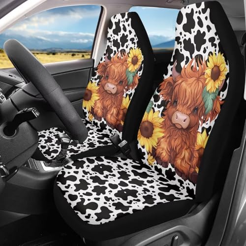 Cute Sunflower Highland Cow Front Seat Covers for Cars Bucket Seat Covers Black Cow Spots Decorative Automotive Seat Cushion Protectors Covers Automotive Accessories Interior Decoration - color: Cute Sunflower Highland Cow Black Cow Spots