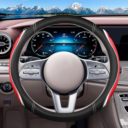 Leather Splicing Black Red White Car Steering Wheel Cover,14.5-15 Inch Universal Microfiber Leather Covers Breathable Anti-Slip Odorless Steering Wheels Accessories for Men Women - color: Leather Splicing - Black Red White
