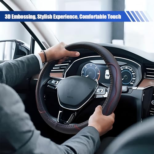 Car Steering Wheel Cover, 15 Inch Leather Anti-Slip Breathable Automotive Steering Wheel Protector, Universal Heat Resistant Vehicle Interior Accessories Cars, SUVs, Trucks(Black&Red) - color: Black&Red