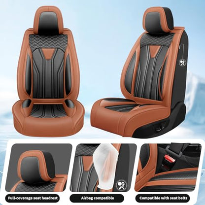 Fit Car Seat Covers Compatible with Honda Fit 2008-2018 2019 -Premium Leather，Waterproof Breathable，All-Weather Seat Cushion Protecto&Airbag Compatible (2 Front Seat Brown&Black)
