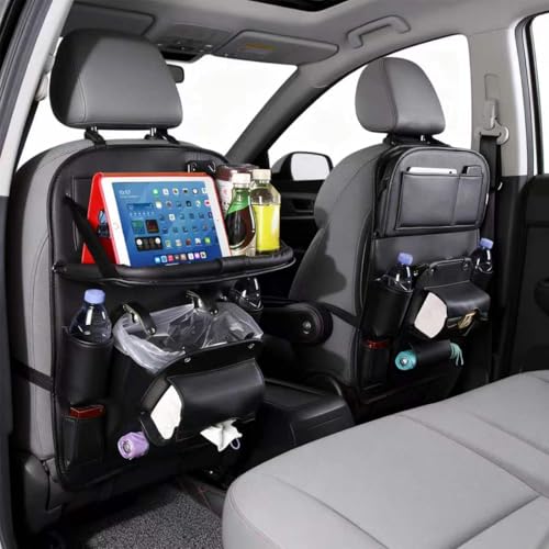 Backseat Car Organizer with Foldable Tray Table,Leather Seat Back Storage with Trash Can, Tablet Holder, Bottle Pockets, Kick Mat Protector, Black,2 Pack - color: Black