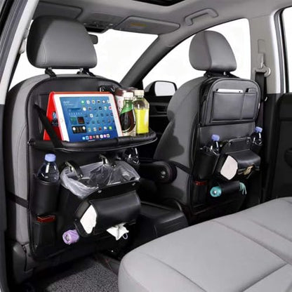 Backseat Car Organizer with Foldable Tray Table,Leather Seat Back Storage with Trash Can, Tablet Holder, Bottle Pockets, Kick Mat Protector, Black,2 Pack - color: Black