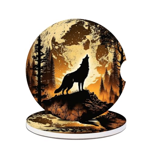 2 Pack Car Cup Holder Coaster-Wolf Full Moon Absorbent Ceramic Coaster,Forest Car Coasters for Cup Holders,Auto Accessories for Women & Men
