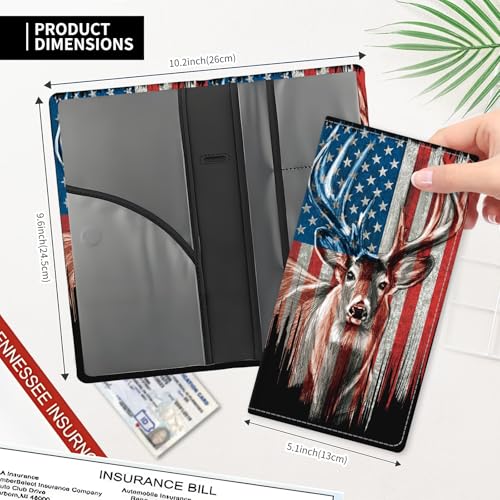 Leather Car Registration and Insurance Card Holder, Cute Car Accessories Vehicle Glove Box Car Organizer for Documents, Cards, License Deer American Flag - color: Deer American Flag
