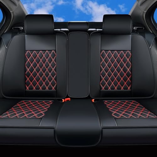 Huidasource Rear Seat Cover, Nappa Leather Back Seat Cover Velcro Adjustable, Compatible with Armrests, Seat Belts, Child Safety Seats, Fit for Most Cars SUVs Trucks (Back Row/Black&Red) - color: 01R# Black & Red01, size: Back Seat Cover