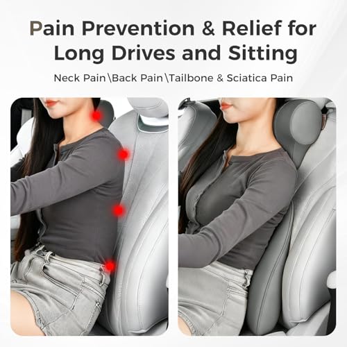 Coverado Lumbar Support Pillow for Car, Ergonomic Memory Foam Back Pillow for Office Chair, Back Cushion for Back Pain Relief, PU Leather Car Lumbar Support for Driving Seat - Gray