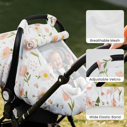 Elstey Car Seat Cover Baby, Minky Dot Carseat Covers Baby Boys Girls, Lightweight Infant Car Seat Cover Canopy with 2 Layers Breathable Mesh Windows, Stroller Carrier for Babies Newborn Essentials - color: Pink Flowers