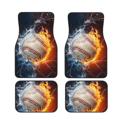 Baseball Print Car Floor Mats Full Set of 4 Non-Slip Auto Car Decor Accessories Sport Ball Vehicle Front Rear Carpets Mats Universal Car Floor Rugs for SUV Van Truck, Sport Ball On Fire Water - color: Baseball