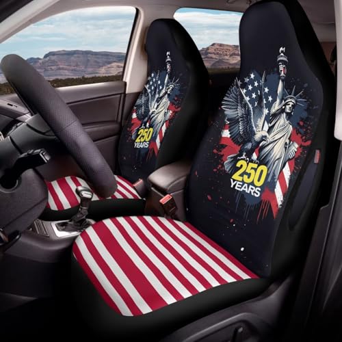 250th Anniversary Car Front Seat Cover Set of 2, American Flag Printed Waterproof Car Seat Cover for Front Seats, Airbag Compatible, All Weather Protector, Universal Fits - color: Black and Red - 250th Anniversary