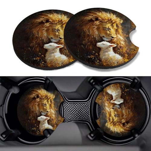 Car Cup Coasters,2 Pack Car Coaster,2.75inch Anti Slip and Absorbent Cars Coasters for Cup Holders,Neopren Accessories for Women,Cute Decor for Women (Lion) - color: Lion
