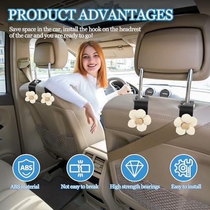 4PCS Car Seat Headrest Hook, Cute Flower Car Seat Back Hanging Hook, Auto Seat Purse Hanger Organizer for Handbag Clothes Coat Grocery Bag, Universal Interior Car Accessories (White)