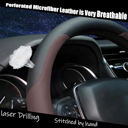 Steering Wheel Cover Standard Size Medium 14.5-15 inch, Non-Folding Packaging, Microfiber Leather, Anti-Slip, Soft Grip, Universal Fit for Cars SUVs Trucks, Black and Chocolate Brown