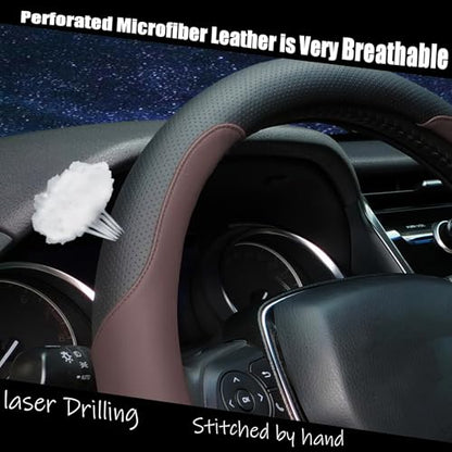 Steering Wheel Cover Standard Size Medium 14.5-15 inch, Non-Folding Packaging, Microfiber Leather, Anti-Slip, Soft Grip, Universal Fit for Cars SUVs Trucks, Black and Chocolate Brown - color: Black and Brown