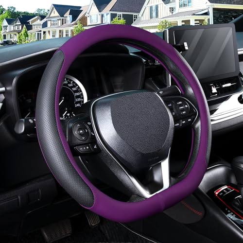 SEG Direct D Shaped Steering Wheel Cover for 14.5-15 inch Flat Bottom Wheels, Breathable Perforated Microfiber Leather, Anti-Slip Grip, Universal Fit for Cars & SUVs, Black and Dawn Purple - color: Black & Dawn Purple, size: D-shaped