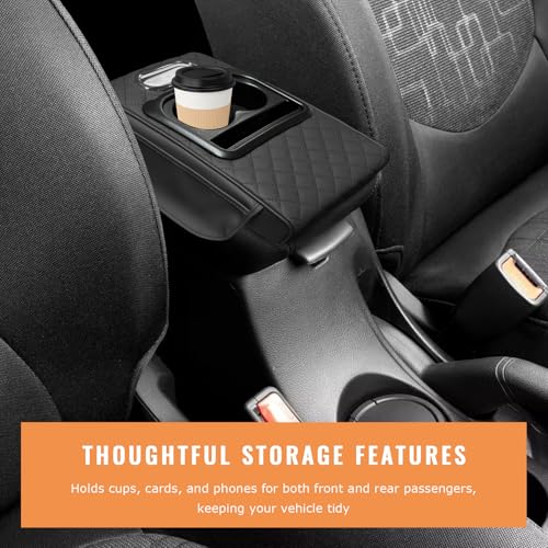Car Center Console Armrest Pillow, 5-in-1 Armrest Cushion w/ 2 Side Bags, Tissue Box Slot, Cup & Phone Holder, Leather Auto Arm Rest Cover Storage Organizer (Black, Embroidered)
