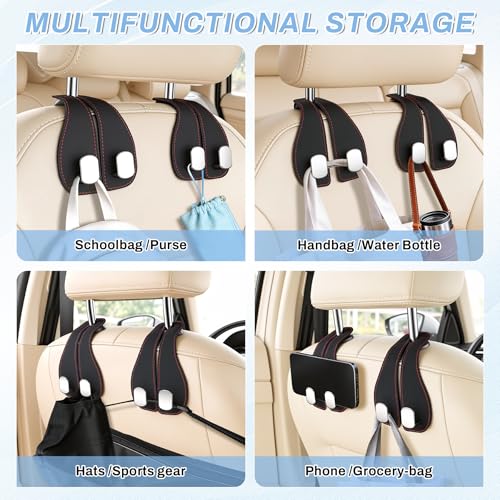 2PCS Car Purse Holder Hook, Seat Back Storage Hook, Leather-Wrapped Alloy Double Headrest Hook for Purses & Bags, Cute Car Interior Accessories for Women and Men, Black