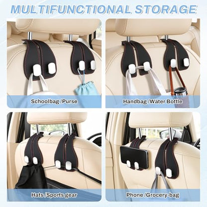 2PCS Car Purse Holder Hook, Seat Back Storage Hook, Leather-Wrapped Alloy Double Headrest Hook for Purses & Bags, Cute Car Interior Accessories for Women and Men, Black